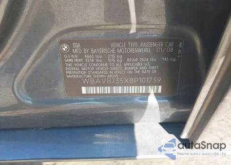 2008 BMW 335I I from USA, damaged, VIN WBAVB735X8P101739